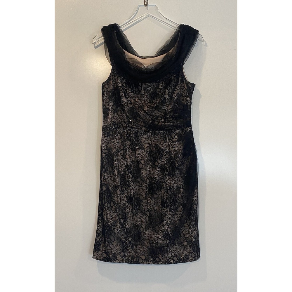 One by Eight Black Lace Sequin Cocktail Dress Nude Lining Tulle Cowl Neck 10